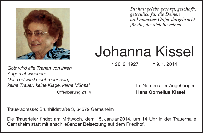  Traueranzeige für Johanna Kissel vom 14.01.2014 aus Rüsselsheimer Echo, Groß-Gerauer-Echo, Ried Echo