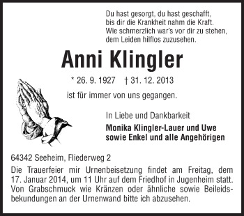 Traueranzeige von Anni Klingler von Echo-Zeitungen (Gesamtausgabe)