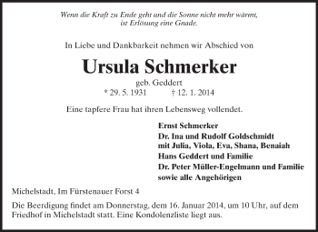 Traueranzeige von Ursula Schmerker von Odenwälder Echo