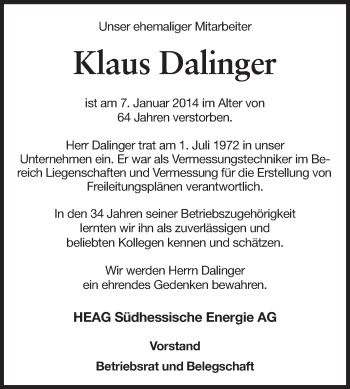 Traueranzeige von Klaus Dalinger von Echo-Zeitungen (Gesamtausgabe)