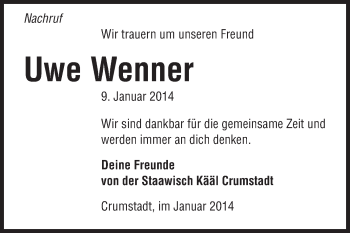 Traueranzeige von Uwe Wenner von Rüsselsheimer Echo, Groß-Gerauer-Echo, Ried Echo