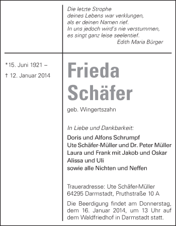 Traueranzeige von Frieda Schäfer von Echo-Zeitungen (Gesamtausgabe)