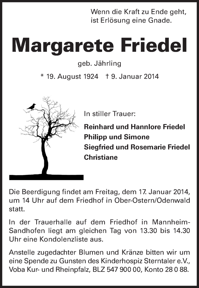  Traueranzeige für Margarete Friedel vom 15.01.2014 aus Odenwälder Echo