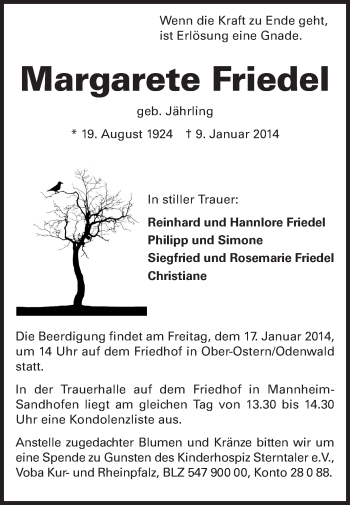 Traueranzeige von Margarete Friedel von Odenwälder Echo