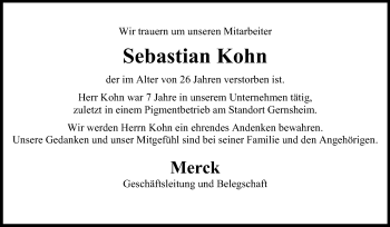 Traueranzeige von Sebastian Kohn von Rüsselsheimer Echo, Groß-Gerauer-Echo, Ried Echo