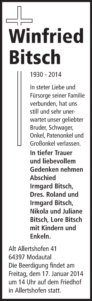Traueranzeige von Winfried Bitsch von Echo-Zeitungen (Gesamtausgabe)