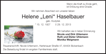 Traueranzeige von Helene Haselbauer von Echo-Zeitungen (Gesamtausgabe)