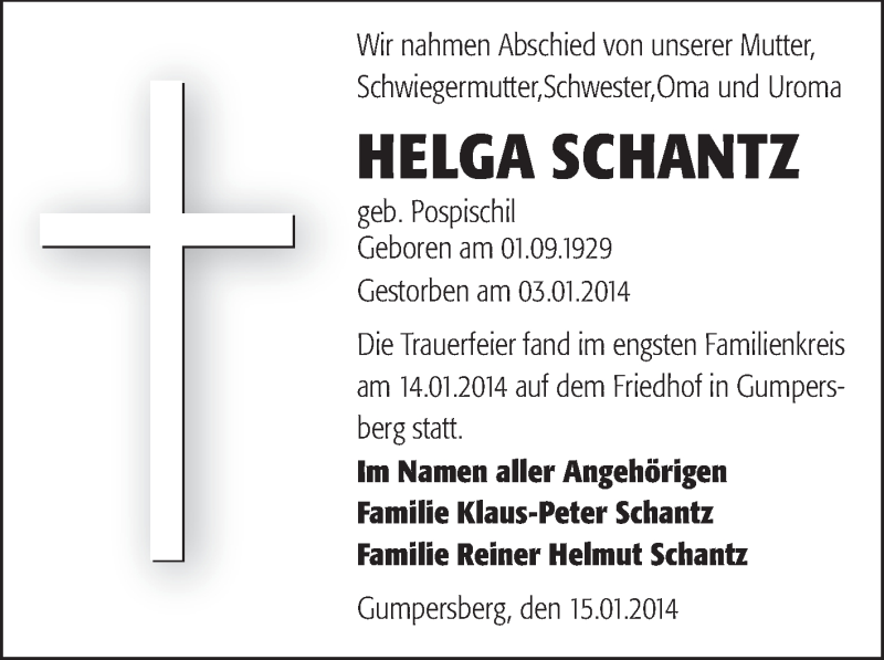  Traueranzeige für Helga Schantz vom 18.01.2014 aus Odenwälder Echo