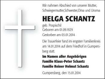 Traueranzeige von Helga Schantz von Odenwälder Echo