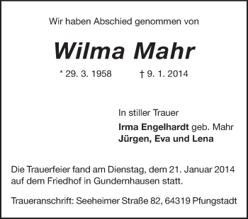 Traueranzeige von Wilma Mahr von Echo-Zeitungen (Gesamtausgabe)