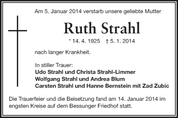 Traueranzeige von Ruth Strahl von Darmstädter Echo, Odenwälder Echo, Rüsselsheimer Echo, Groß-Gerauer-Echo, Ried Echo