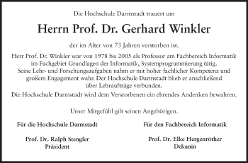 Traueranzeige von Gerhard Winkler von Echo-Zeitungen (Gesamtausgabe)