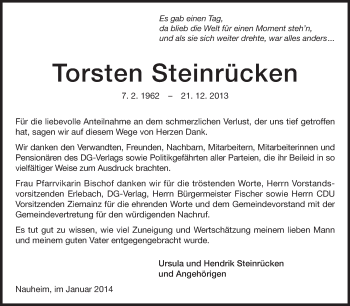 Traueranzeige von Torsten Steinrücken von Rüsselsheimer Echo, Groß-Gerauer-Echo, Ried Echo
