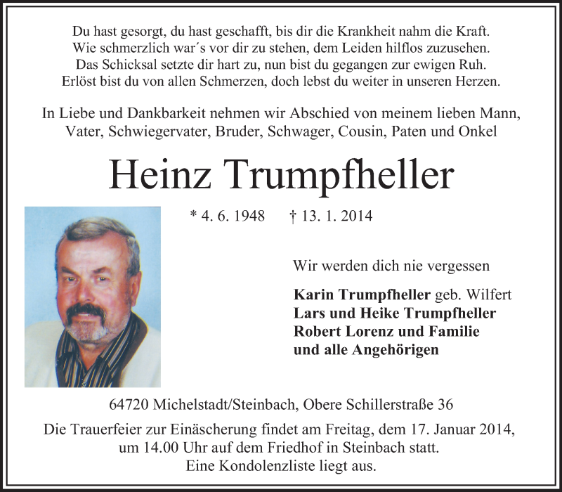  Traueranzeige für Heinz Trumpfheller vom 16.01.2014 aus Odenwälder Echo