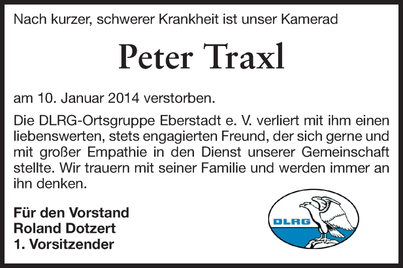  Traueranzeige für Peter Traxl vom 18.01.2014 aus Echo-Zeitungen (Gesamtausgabe)