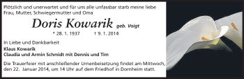 Traueranzeige von Doris Kowarik von Rüsselsheimer Echo, Groß-Gerauer-Echo, Ried Echo