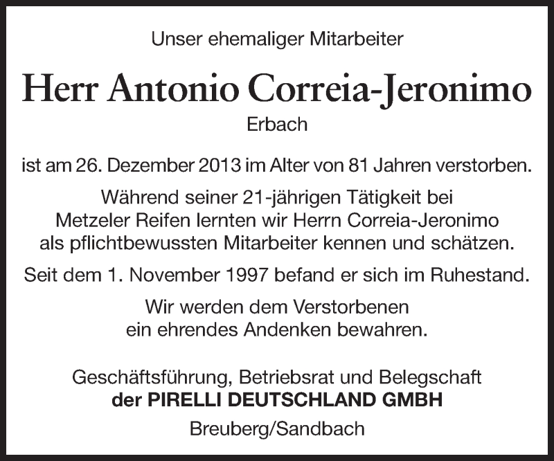  Traueranzeige für Antonio Correia-Jeronimo vom 18.01.2014 aus Odenwälder Echo