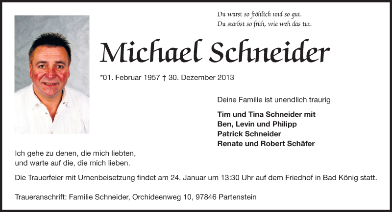  Traueranzeige für Michael (Mike) Schneider vom 18.01.2014 aus Odenwälder Echo