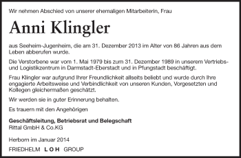 Traueranzeige von Anni Klingler von Echo-Zeitungen (Gesamtausgabe)