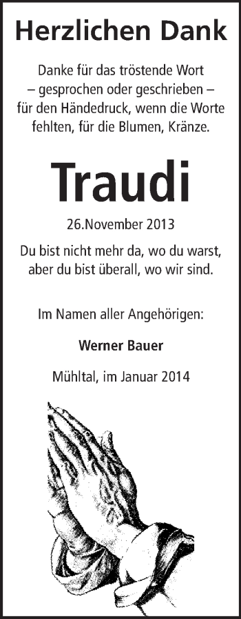 Traueranzeige von Traudi Bauer von Echo-Zeitungen (Gesamtausgabe)