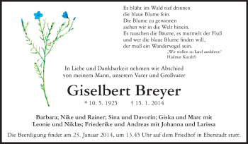 Traueranzeige von Giselbert  Breyer von Echo-Zeitungen (Gesamtausgabe)