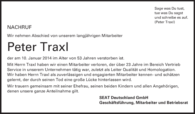  Traueranzeige für Peter Traxl vom 18.01.2014 aus Echo-Zeitungen (Gesamtausgabe)