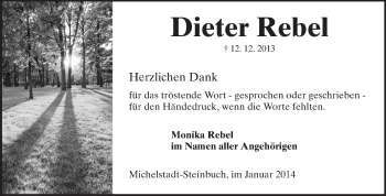 Traueranzeige von Dieter Rebel von Odenwälder Echo