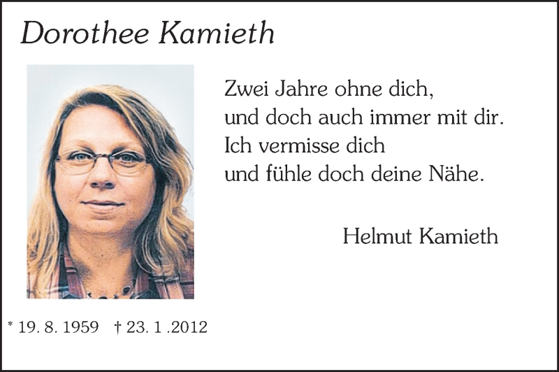  Traueranzeige für Dorothee Kamieth vom 23.01.2014 aus Darmstädter Echo, Odenwälder Echo, Rüsselsheimer Echo, Groß-Gerauer-Echo, Ried Echo