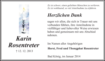 Traueranzeige von Karin Rosentreter von Odenwälder Echo
