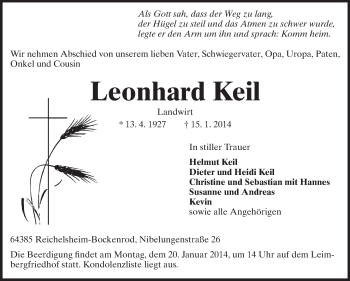 Traueranzeige von Leonhard Keil von Odenwälder Echo