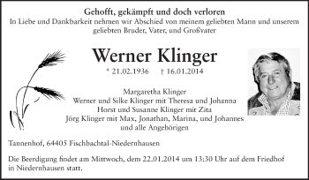 Traueranzeige von Werner Klinger von Echo-Zeitungen (Gesamtausgabe)