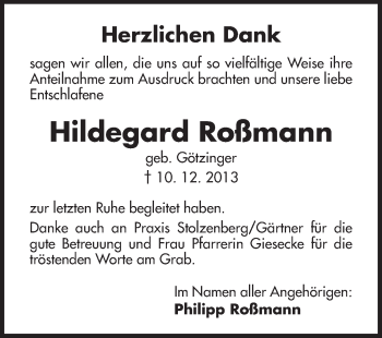 Traueranzeige von Hildegard Roßmann von Echo-Zeitungen (Gesamtausgabe)