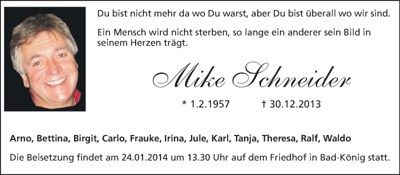  Traueranzeige für Michael (Mike) Schneider vom 18.01.2014 aus Echo-Zeitungen (Gesamtausgabe)
