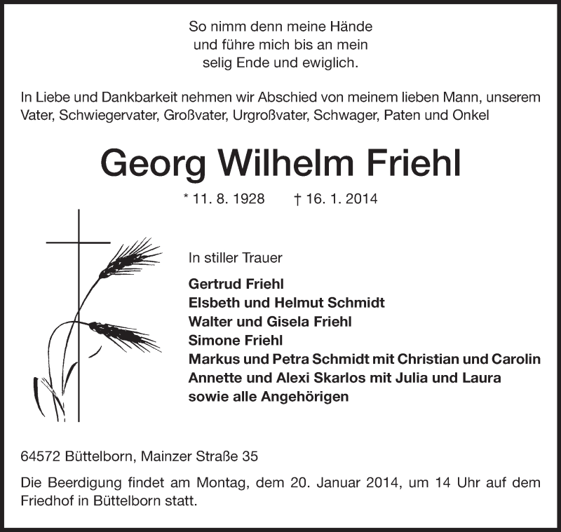 Traueranzeige für Georg Wilhelm Friehl vom 18.01.2014 aus Rüsselsheimer Echo, Groß-Gerauer-Echo, Ried Echo
