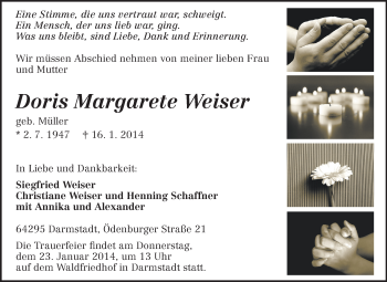 Traueranzeige von Doris Margarete Weiser von Echo-Zeitungen (Gesamtausgabe)