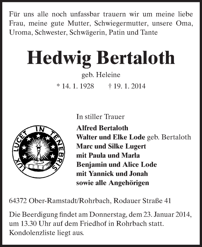  Traueranzeige für Hedwig Bertaloth vom 21.01.2014 aus Echo-Zeitungen (Gesamtausgabe)