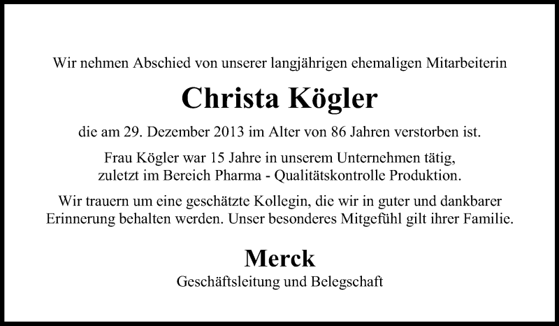  Traueranzeige für Christa Kögler vom 25.01.2014 aus Echo-Zeitungen (Gesamtausgabe)