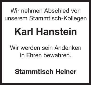 Traueranzeige von Karl Hanstein von Echo-Zeitungen (Gesamtausgabe)