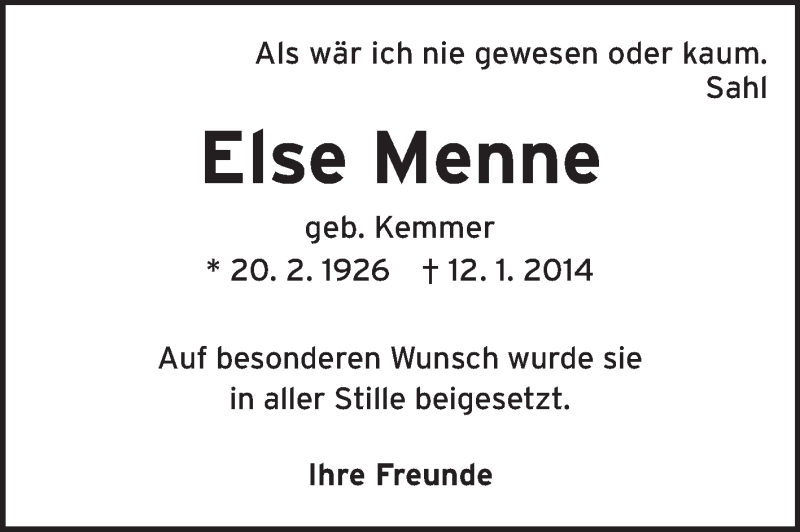  Traueranzeige für Else Menne vom 25.01.2014 aus Starkenburger Echo