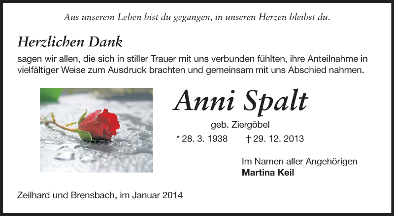  Traueranzeige für Anni Spalt vom 25.01.2014 aus Echo-Zeitungen (Gesamtausgabe)