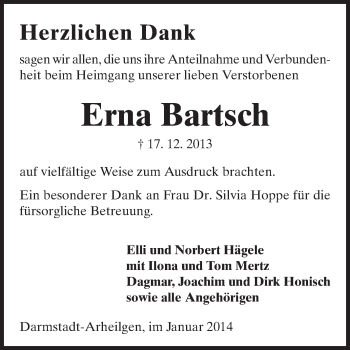 Traueranzeige von Erna Bartsch von Echo-Zeitungen (Gesamtausgabe)