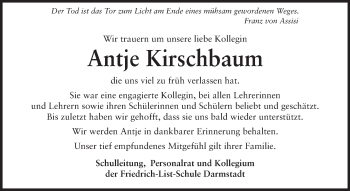 Traueranzeige von Antje Kirschbaum von Echo-Zeitungen (Gesamtausgabe)