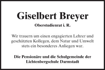 Traueranzeige von Giselbert Breyer von Echo-Zeitungen (Gesamtausgabe)