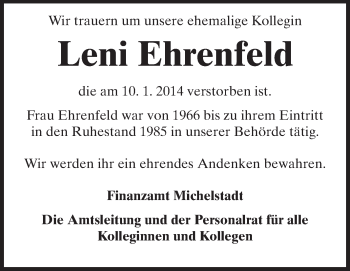 Traueranzeige von Leni Ehrenfeld von Odenwälder Echo