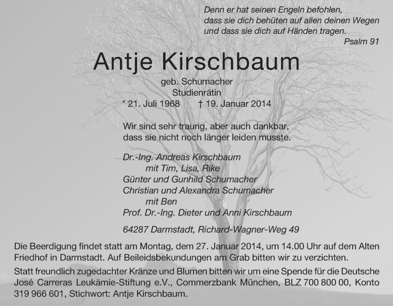  Traueranzeige für Antje Kirschbaum vom 22.01.2014 aus Echo-Zeitungen (Gesamtausgabe)