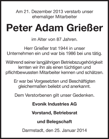 Traueranzeige von Peter Adam Grießer von Echo-Zeitungen (Gesamtausgabe)