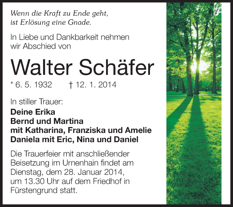  Traueranzeige für Walter Schäfer vom 25.01.2014 aus Odenwälder Echo