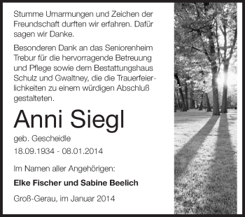 Traueranzeige von Anni Siegl von Rüsselsheimer Echo, Groß-Gerauer-Echo, Ried Echo