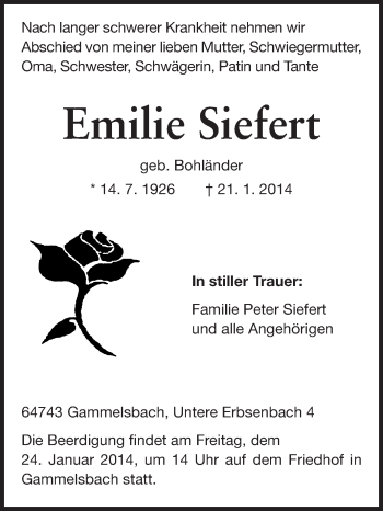 Traueranzeige von Emilie Siefert von Odenwälder Echo
