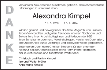 Traueranzeige von Alexandra Kimpel von Echo-Zeitungen (Gesamtausgabe)